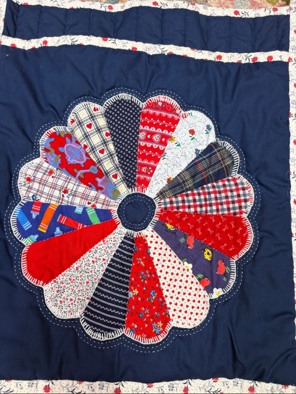 Handcrafted Quilted Navy Patchwork Flower Tote Bag - Picture 8 of 10